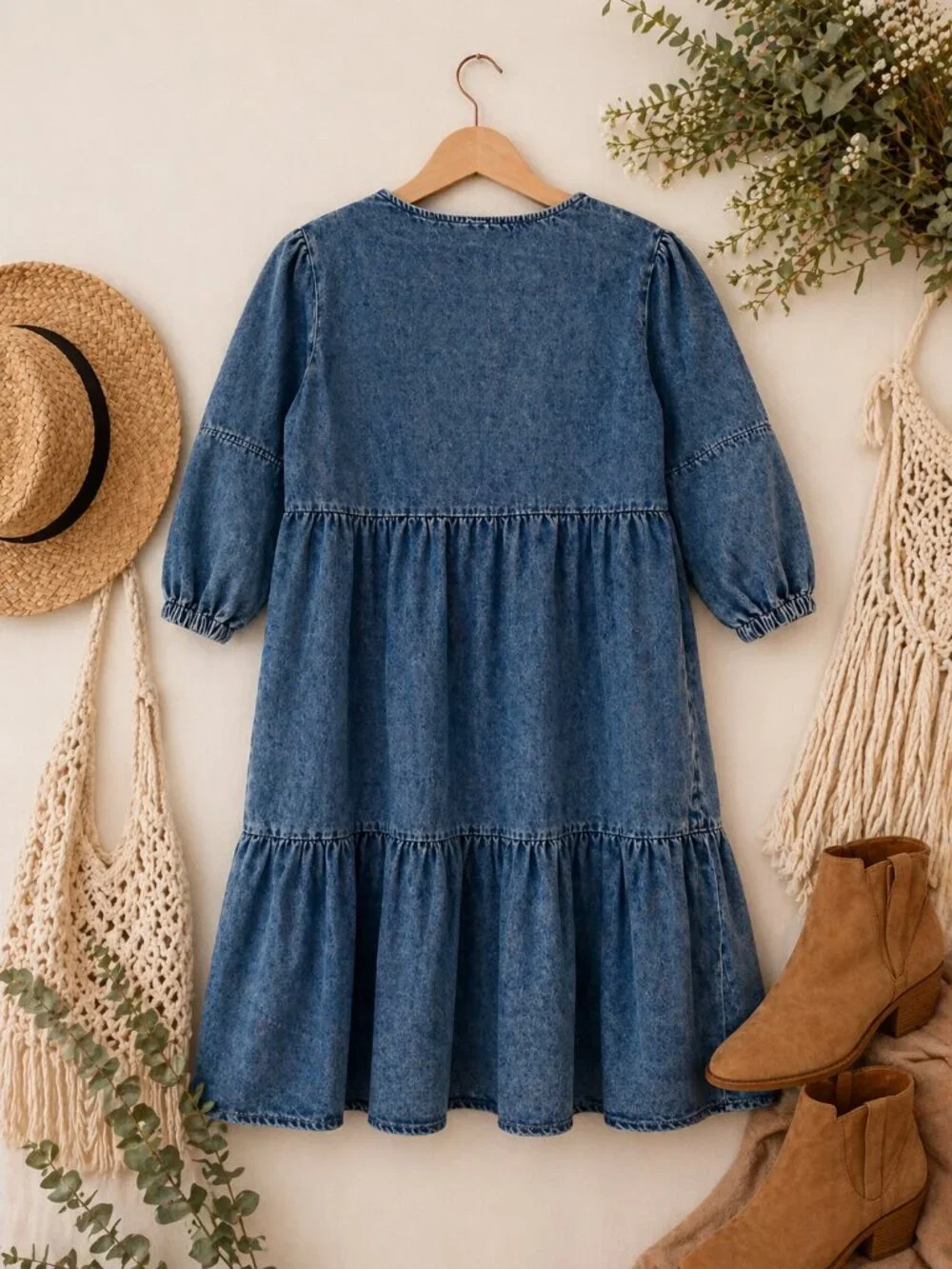 Cupshe Denim Blue Cotton Babydoll Dress NWT Size Medium Boho Tiered Mini - Picture 2 of 6